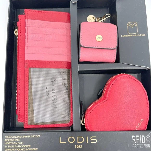 LODIS Genuine Leather Tech Gift Set Airpod Case Wallet Pink Red NIB - Picture 2 of 13